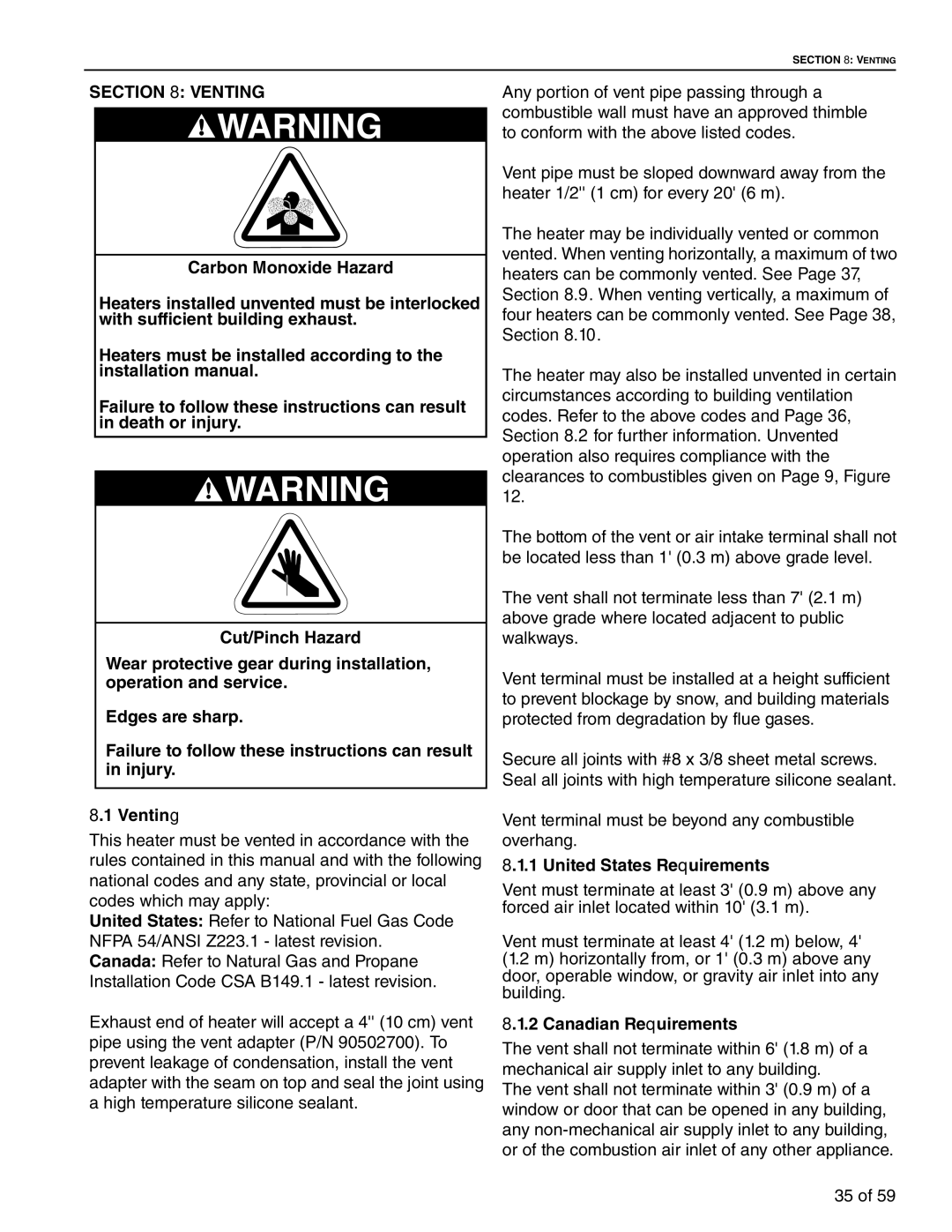 Roberts Gorden BH-40, BH-60, BH-150, BH-175, BH-115, BH-100, BH-140 Venting, United States Requirements, Canadian Requirements 