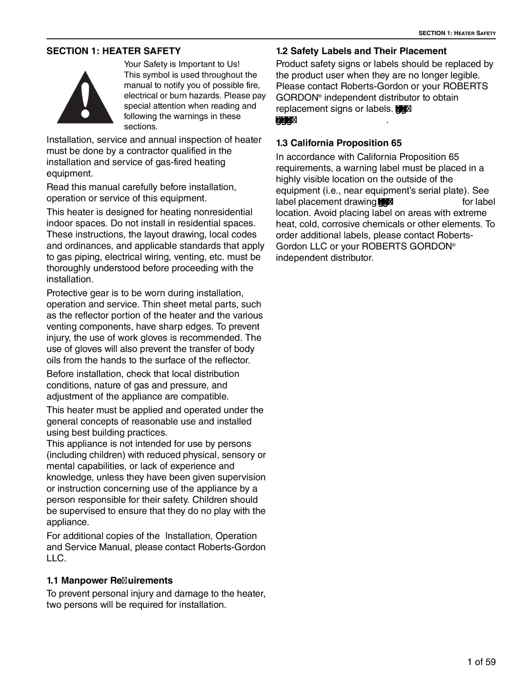 Roberts Gorden BH-200 Heater Safety, Manpower Requirements, Safety Labels and Their Placement, California Proposition 