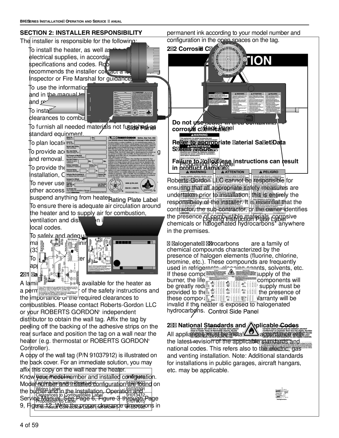 Roberts Gorden BH-60, BH-40, BH-150, BH-175 Installer Responsibility, Wall Tag, National Standards and Applicable Codes 