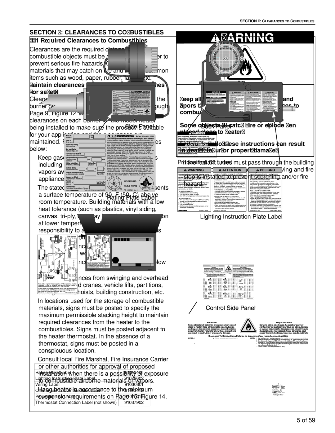 Roberts Gorden BH-40, BH-60, BH-150, BH-175, BH-115, BH-100, BH-140, BH-200, BH-80 Clearances are the required distances that 