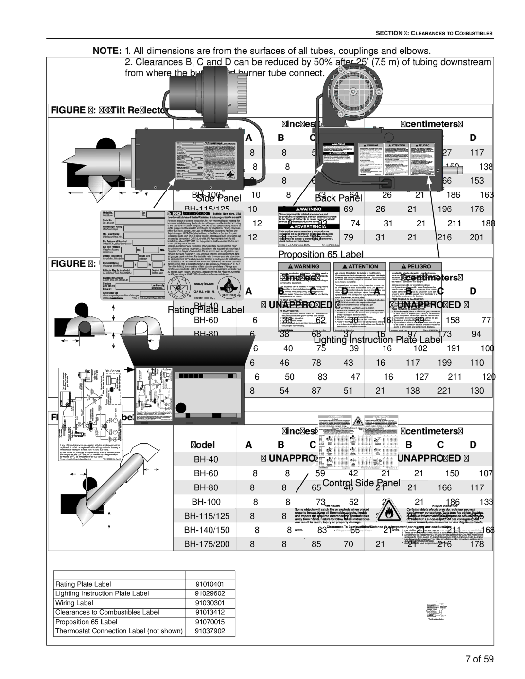 Roberts Gorden BH-175, BH-60, BH-40, BH-150, BH-115, BH-100, BH-140, BH-200 Tilt Reflector Model, Tube, Standard Reflector Model 