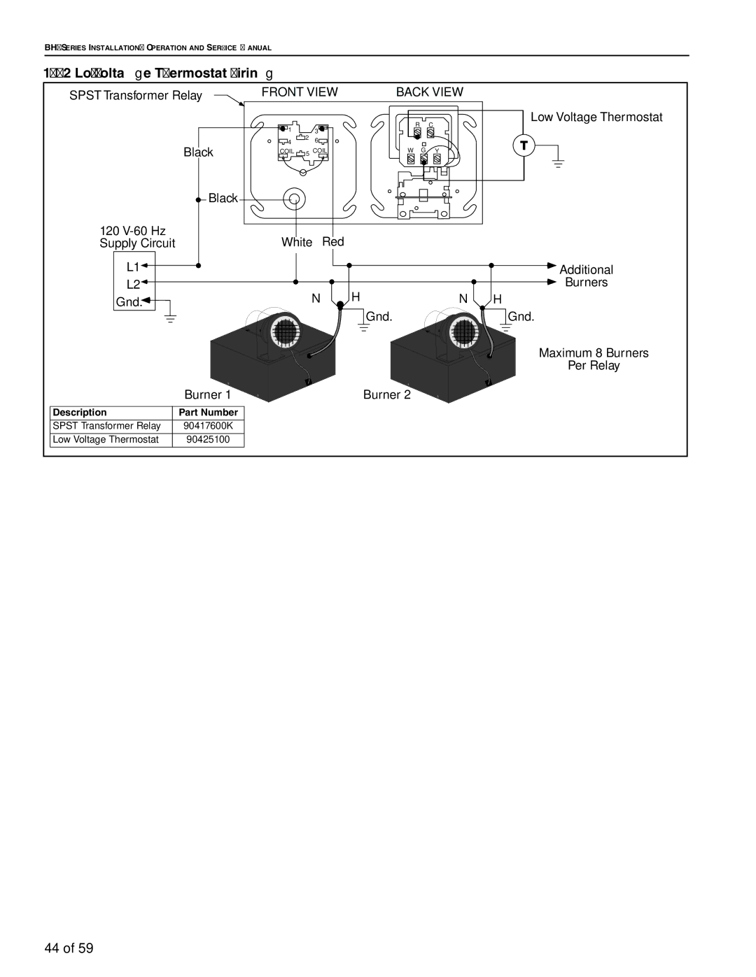 Roberts Gorden BH-60, BH-40, BH-150, BH-175, BH-115, BH-100, BH-140, BH-200, BH-80 Low Voltage Thermostat Wiring, Front View 