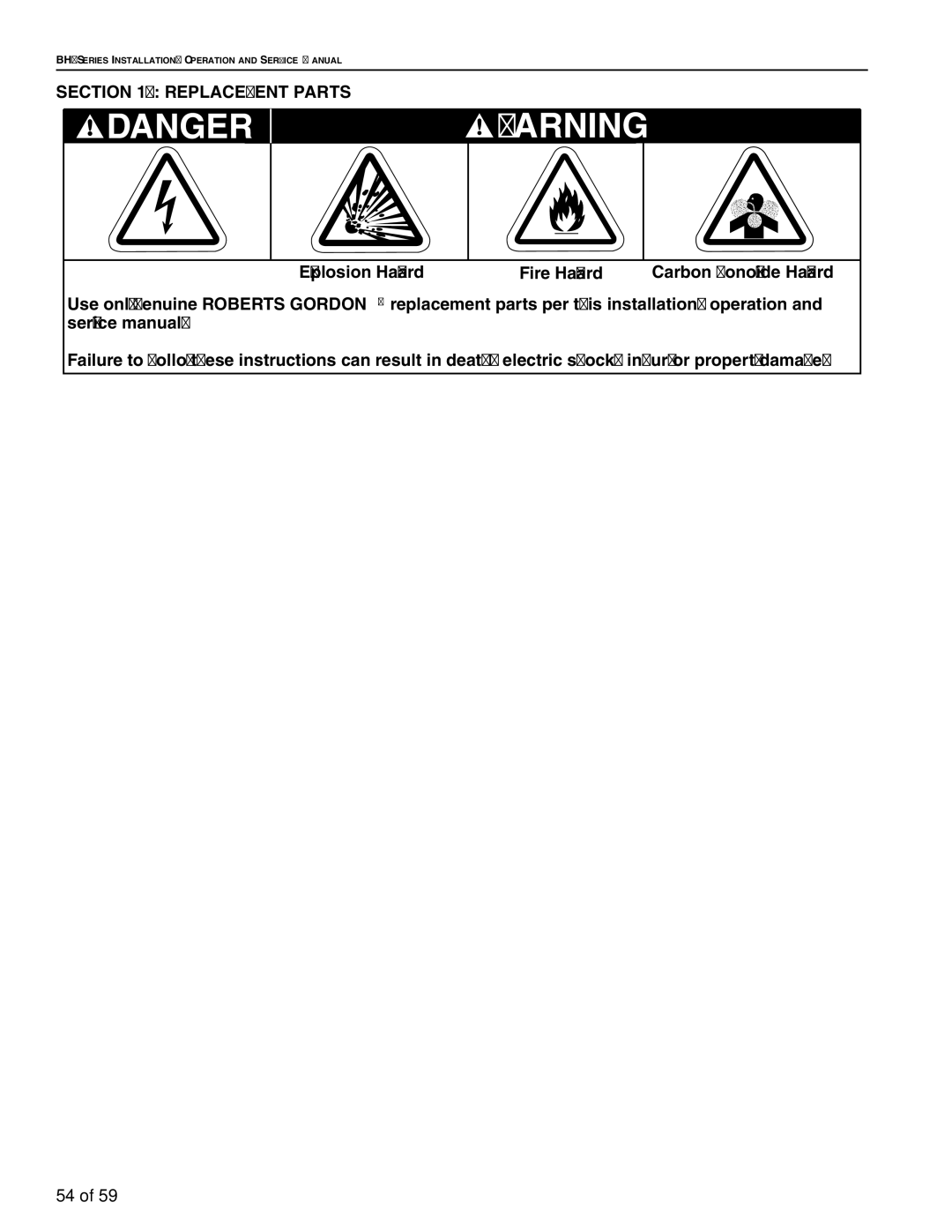 Roberts Gorden BH-60, BH-40, BH-150, BH-175, BH-115, BH-100, BH-140, BH-200, BH-80, BH-125 service manual Replacement Parts 