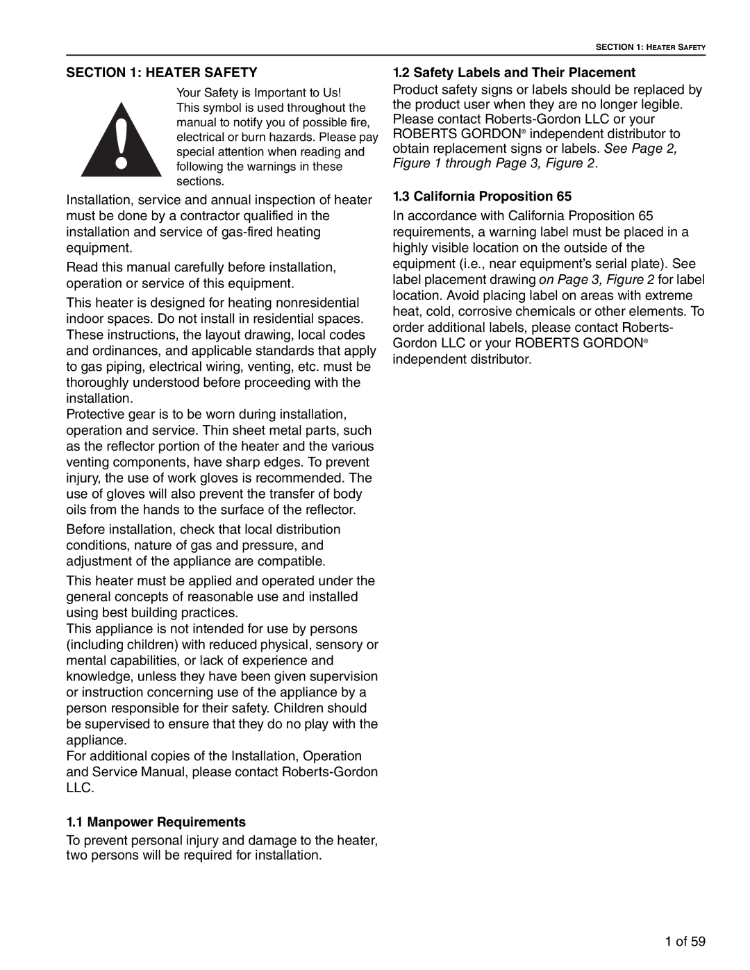 Roberts Gorden BH-200 Heater Safety, Manpower Requirements, Safety Labels and Their Placement, California Proposition 