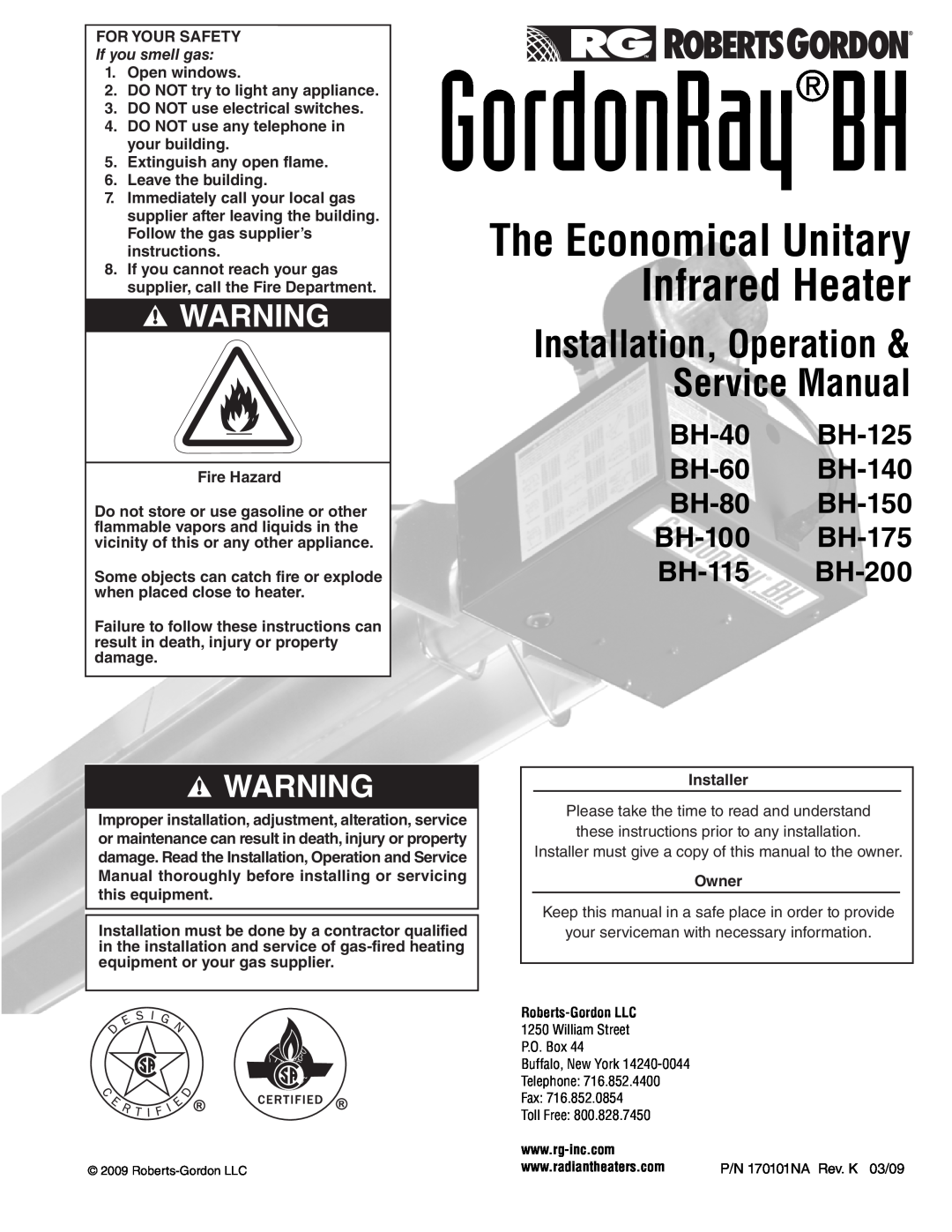 Roberts Gorden BH-40 service manual The Economical Unitary, Infrared Heater, Service Manual, Installation, Operation 