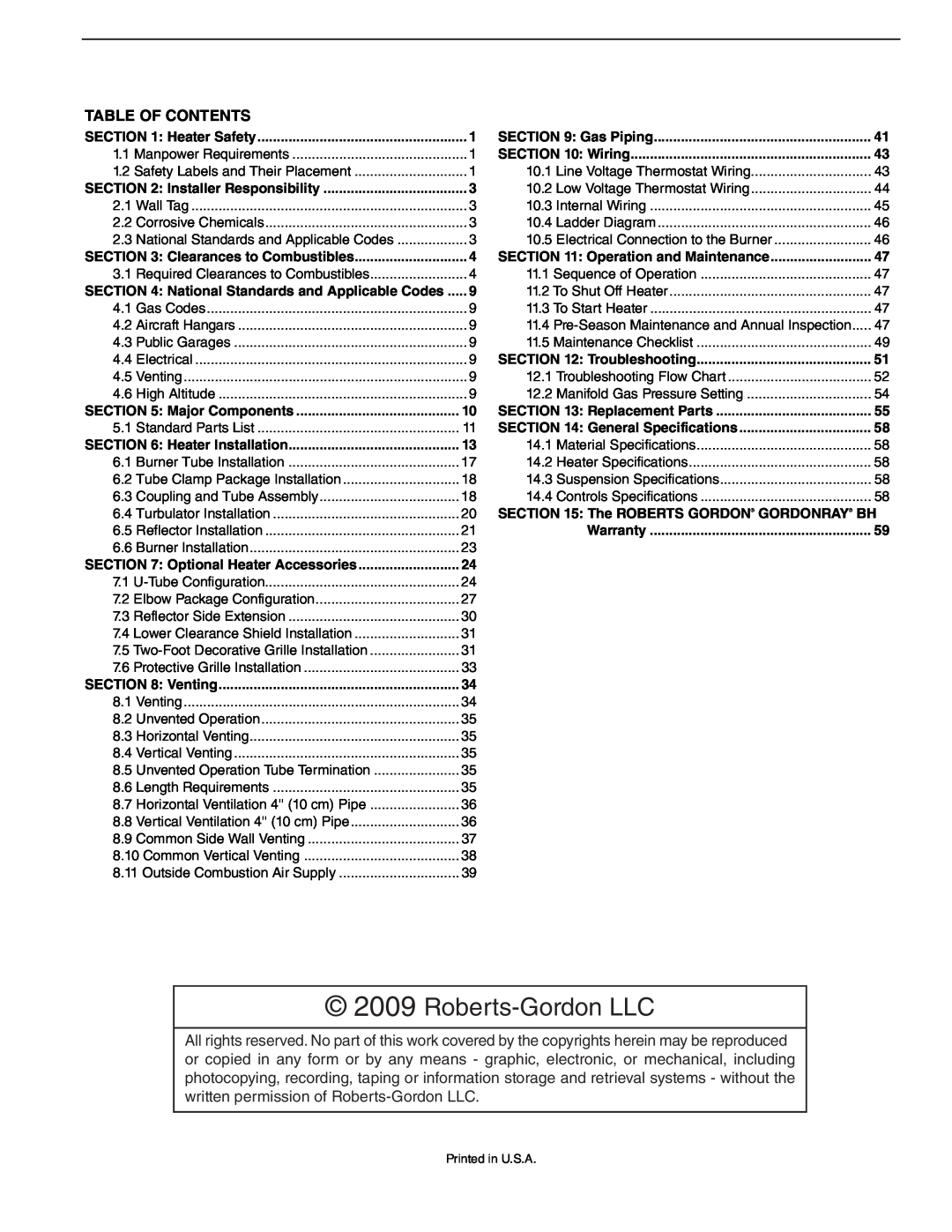 Roberts Gorden BH-175, BH-60, BH-40, BH-150, BH-115, BH-100, BH-140, BH-200, BH-80 Roberts-GordonLLC, Table Of Contents 