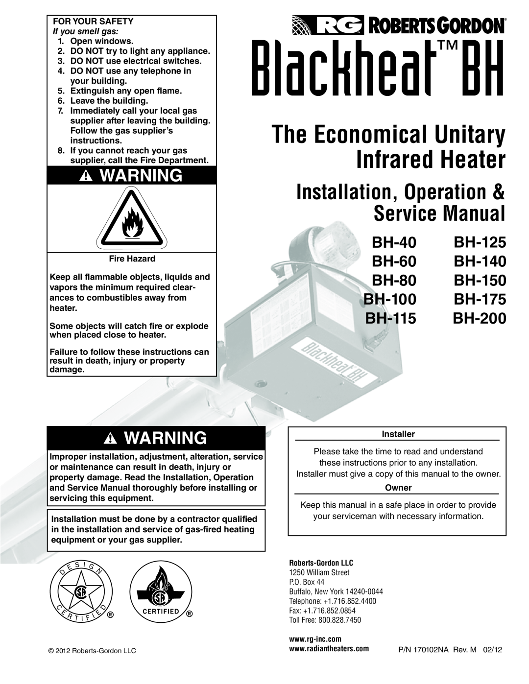 Roberts Gorden BH-40 service manual The Economical Unitary, Infrared Heater, Service Manual, Installation, Operation 