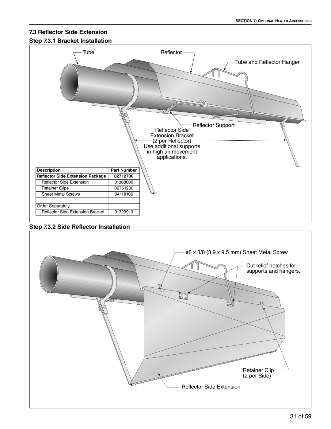 Roberts Gorden BH-200, BH-60 Reflector Side Extension, 3.1 Bracket Installation, 3.2 Side Reflector Installation, 31 of 