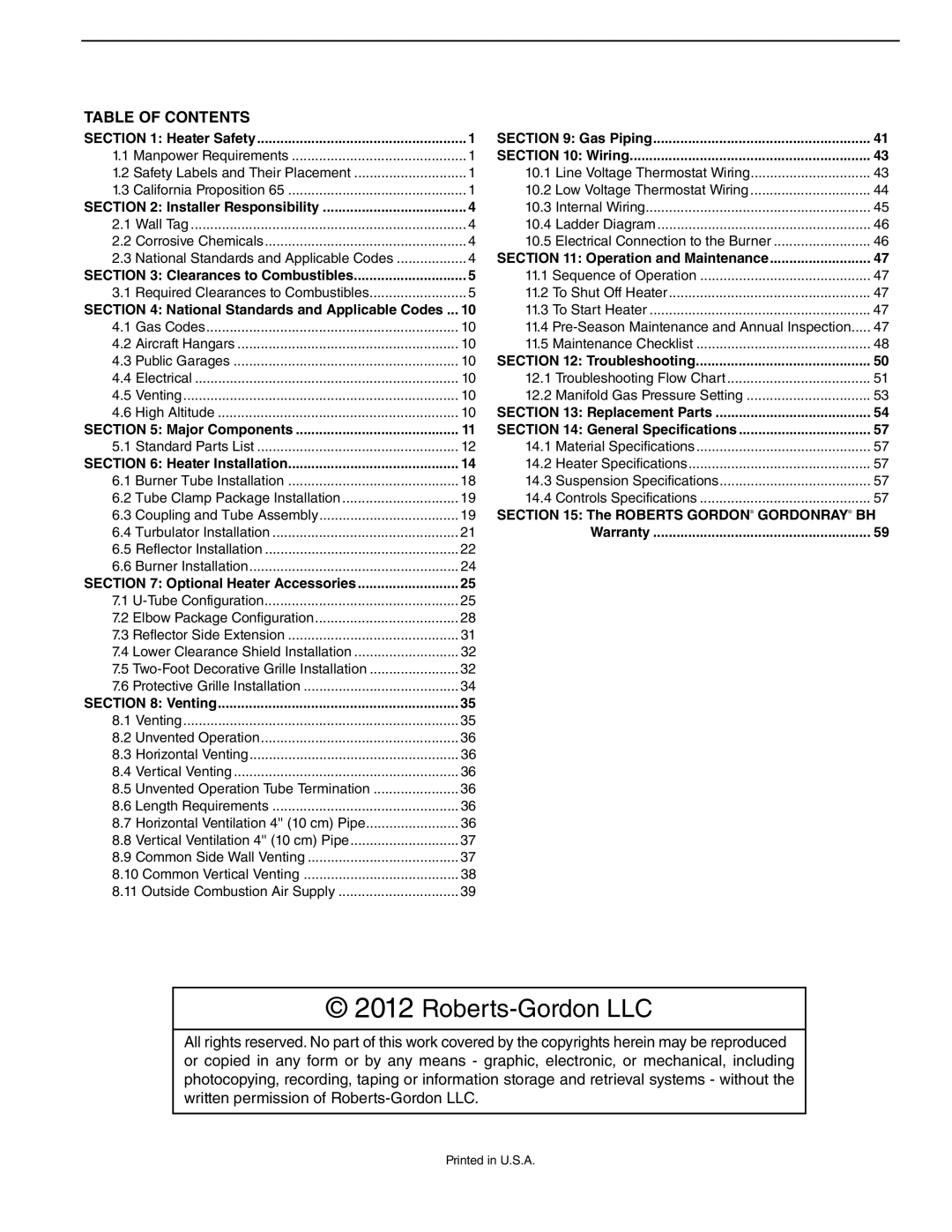 Roberts Gorden BH-175, BH-60, BH-40, BH-150, BH-115, BH-100, BH-140, BH-200, BH-80, BH-125 Roberts-GordonLLC, Table Of Contents 