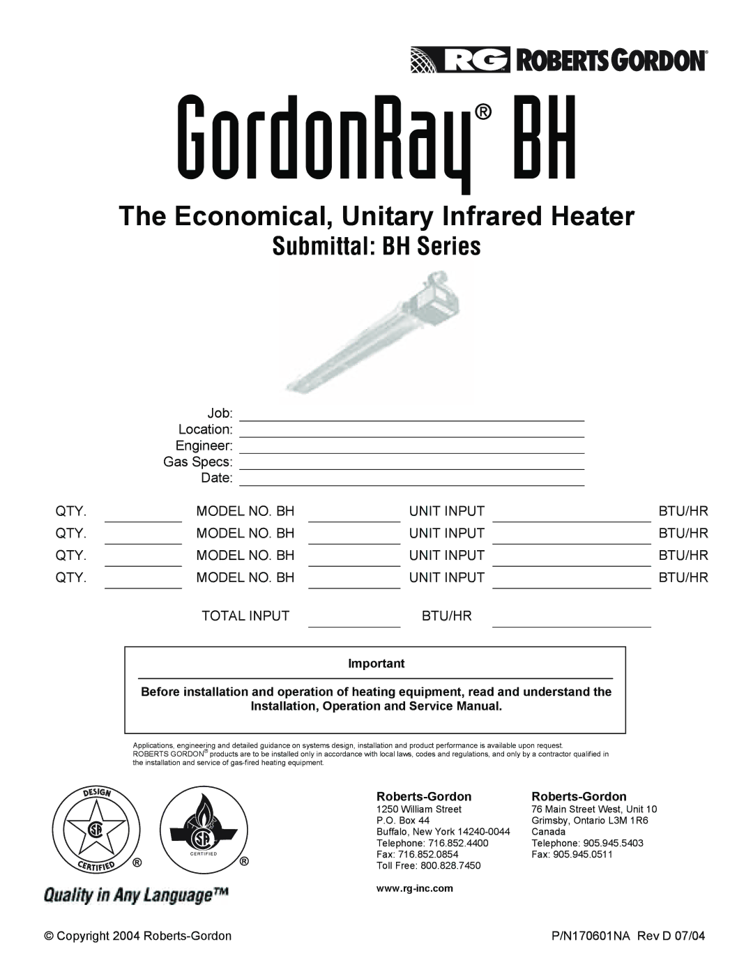 Roberts Gorden BH Series service manual Copyright 2004 Roberts-Gordon N170601NA Rev D 07/04 