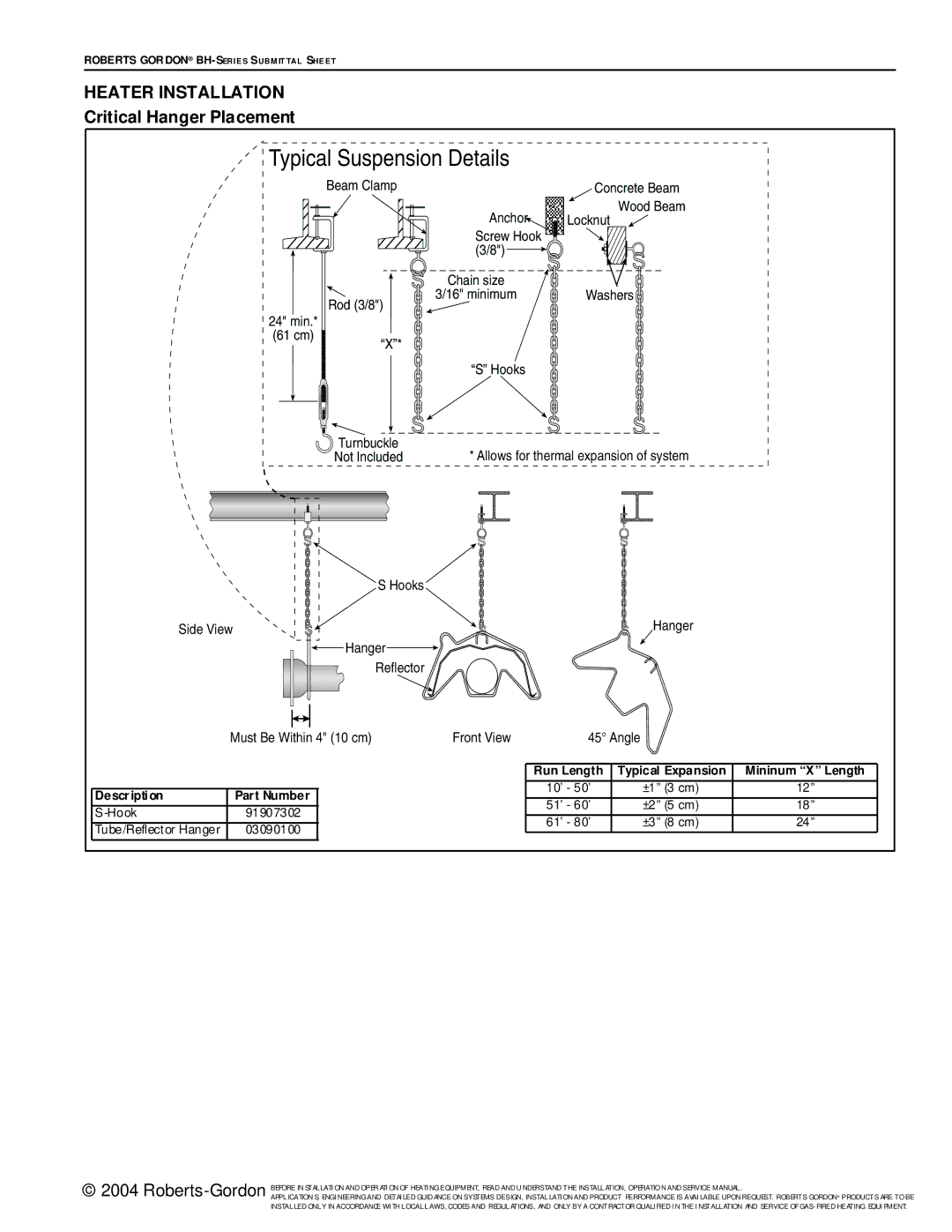 Roberts Gorden BH Series service manual Heater Installation, Critical Hanger Placement 