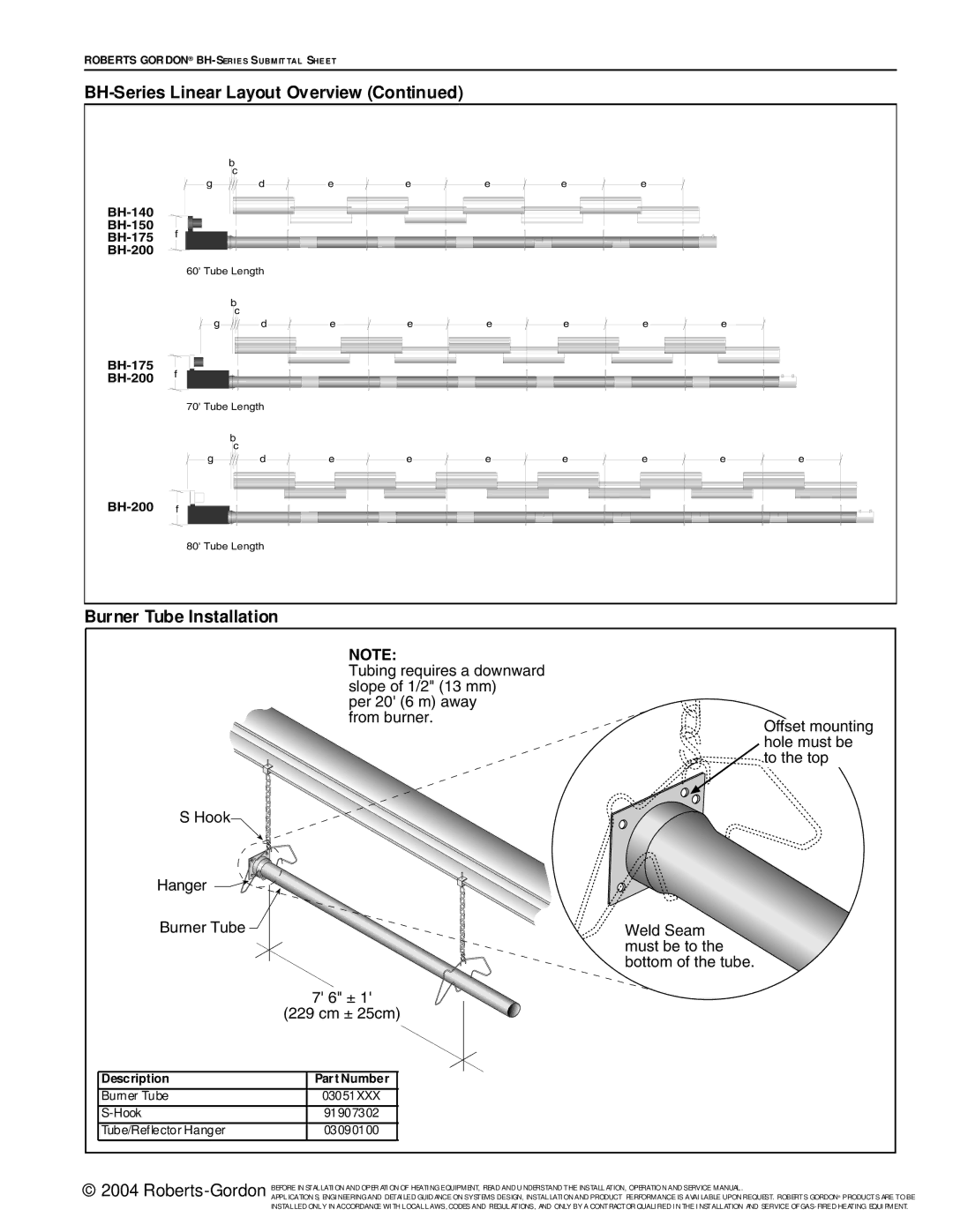 Roberts Gorden BH Series service manual Burner Tube Installation, Weld Must be to the bottom of the tube 