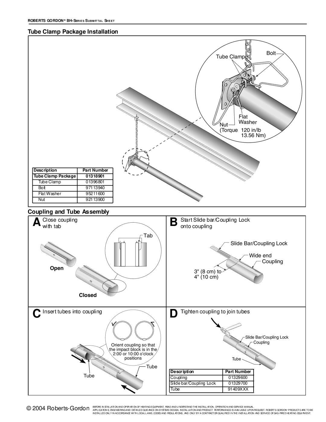 Roberts Gorden BH Series service manual Tube Clamp Package Installation, Coupling and Tube Assembly, Open, Closed 