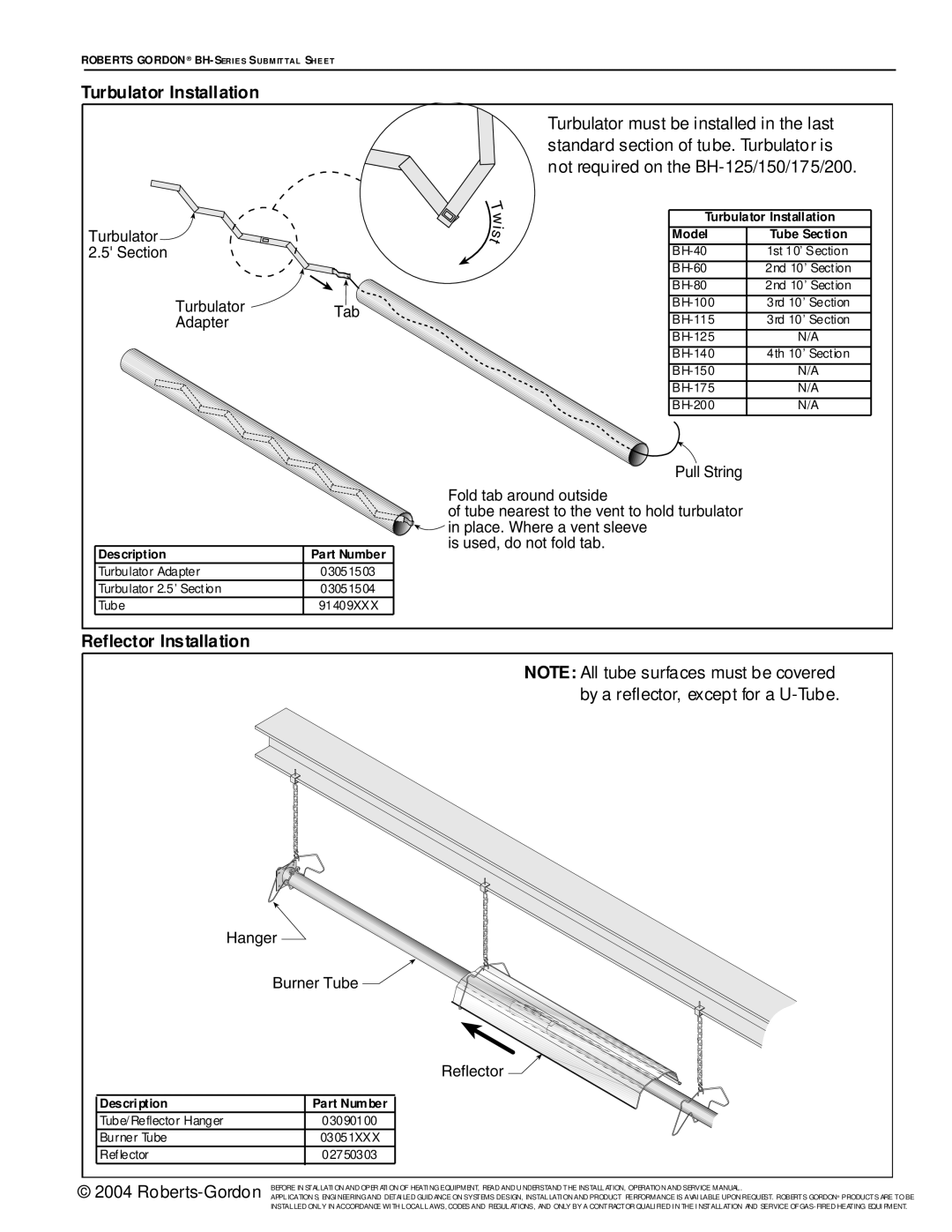 Roberts Gorden BH Series service manual Turbulator Installation, Reflector Installation, Hanger Burner Tube Reflector 