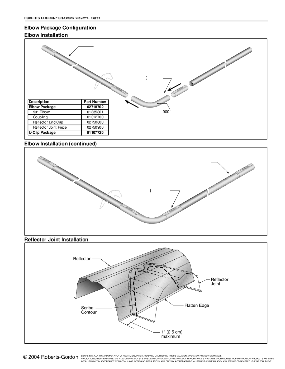 Roberts Gorden BH Series Elbow Package Configuration Elbow Installation, Reflector Joint Installation, Tube Coupling 