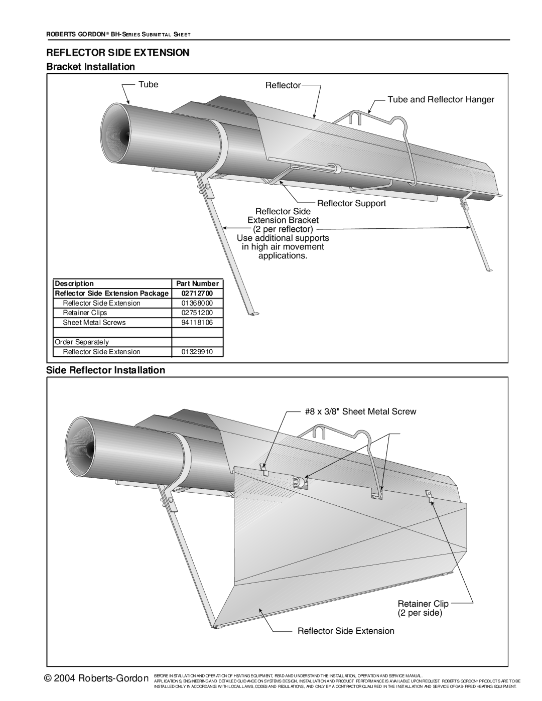 Roberts Gorden BH Series service manual Reflector Side Extension, Bracket Installation, Side Reflector Installation 