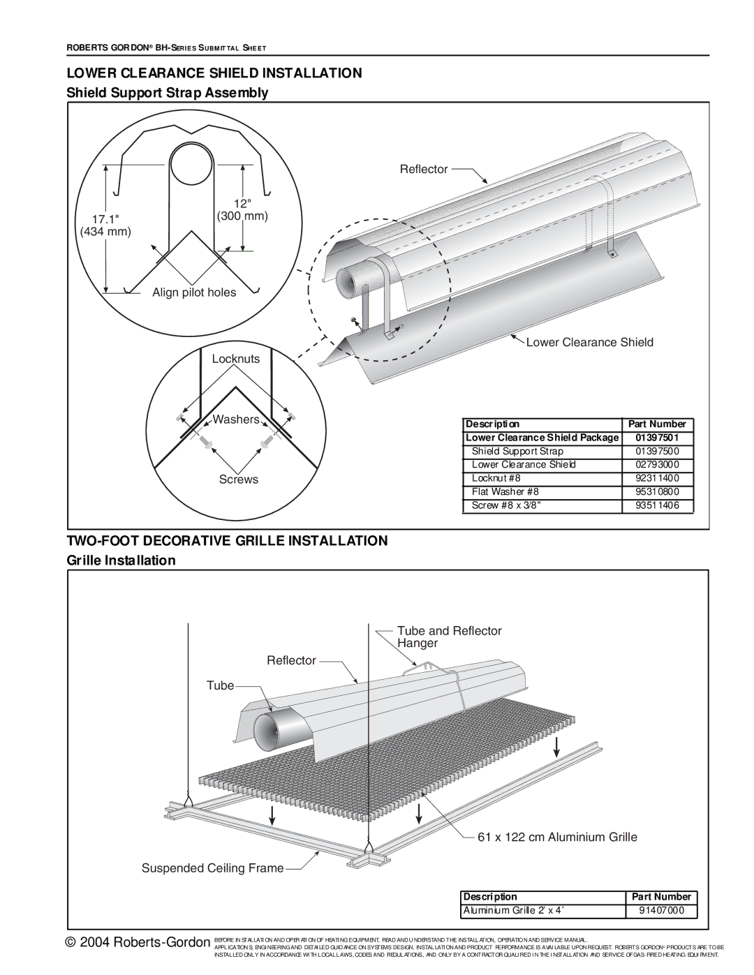 Roberts Gorden BH Series Lower Clearance Shield Installation, Shield Support Strap Assembly, Grille Installation, Scr ews 