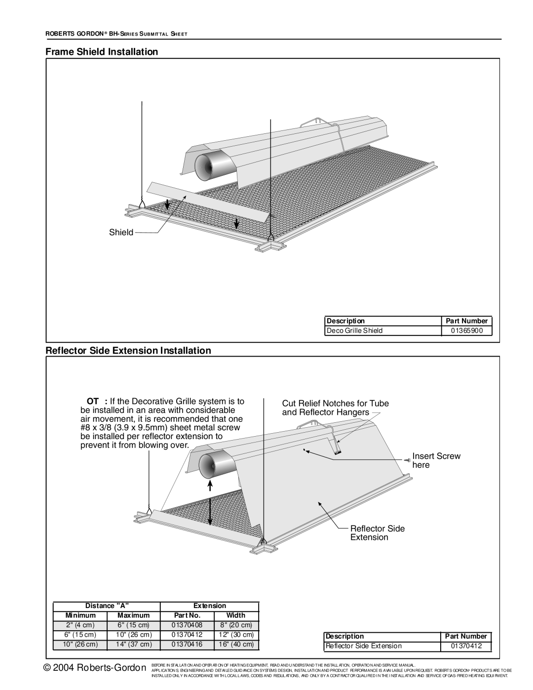 Roberts Gorden BH Series service manual Frame Shield Installation, Reflector Side Extension Installation 