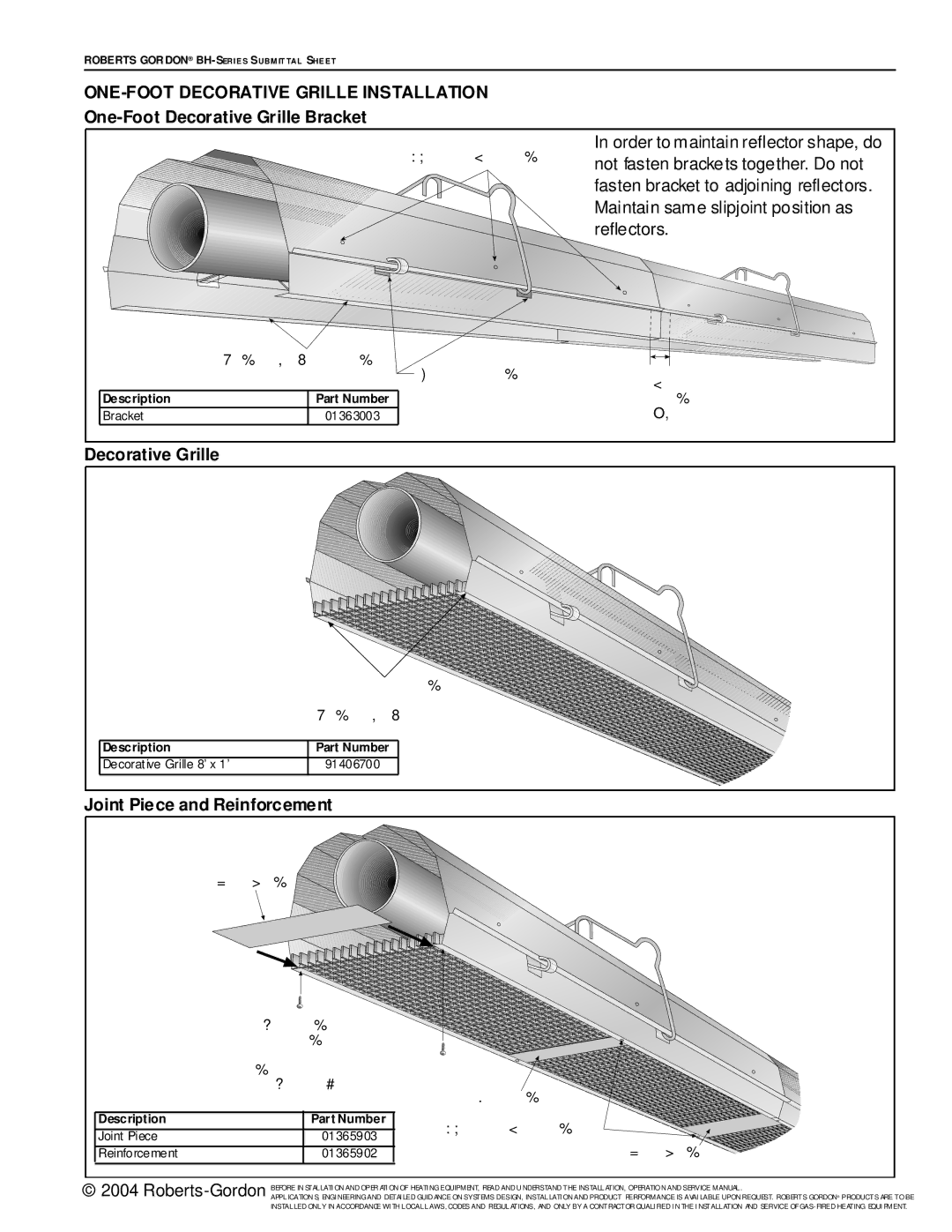 Roberts Gorden BH Series service manual ONE-FOOT Decorative Grille Installation, One-Foot Decorative Grille Bracket 