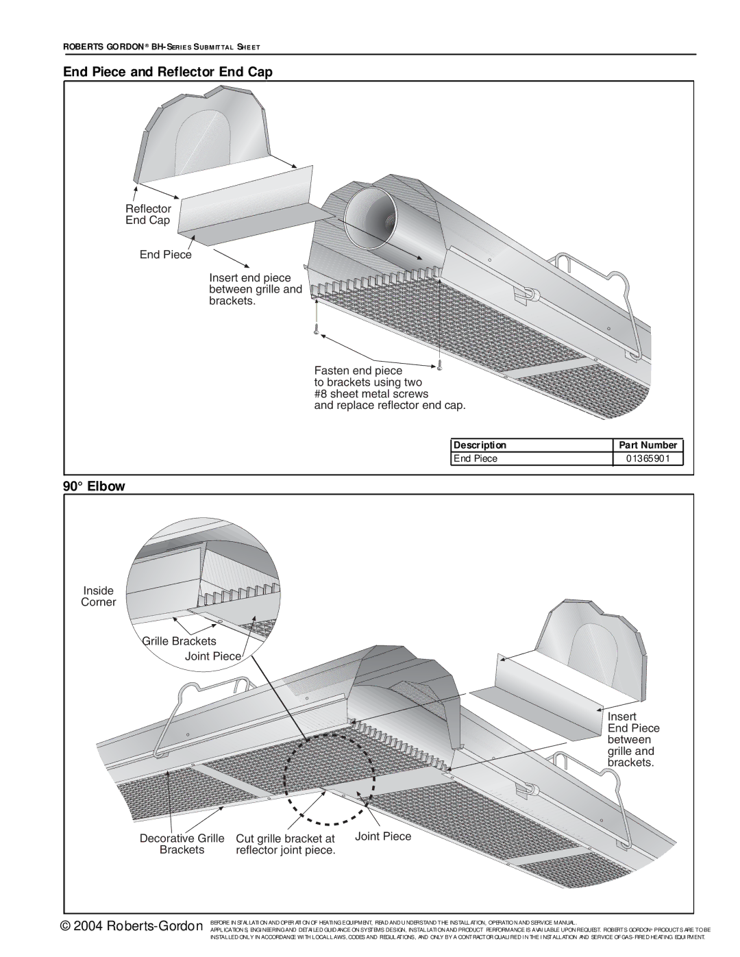 Roberts Gorden BH Series service manual End Piece and Reflector End Cap, Elbow, Reflector joint piece, 01365901 