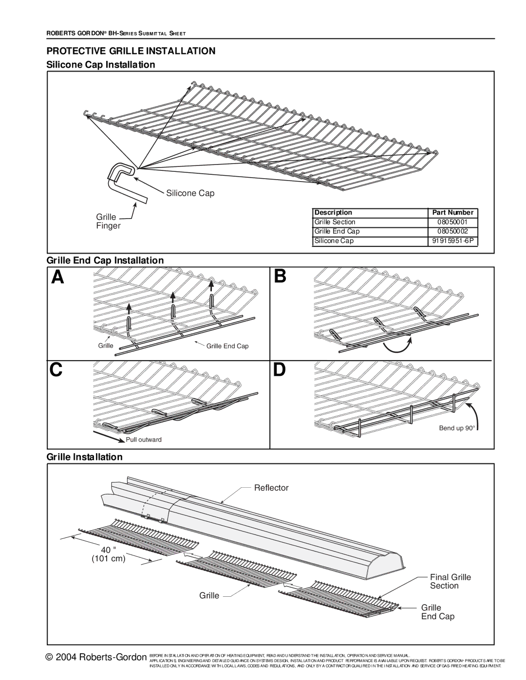 Roberts Gorden BH Series service manual Protective Grille Installation, Silicone Cap Installation 