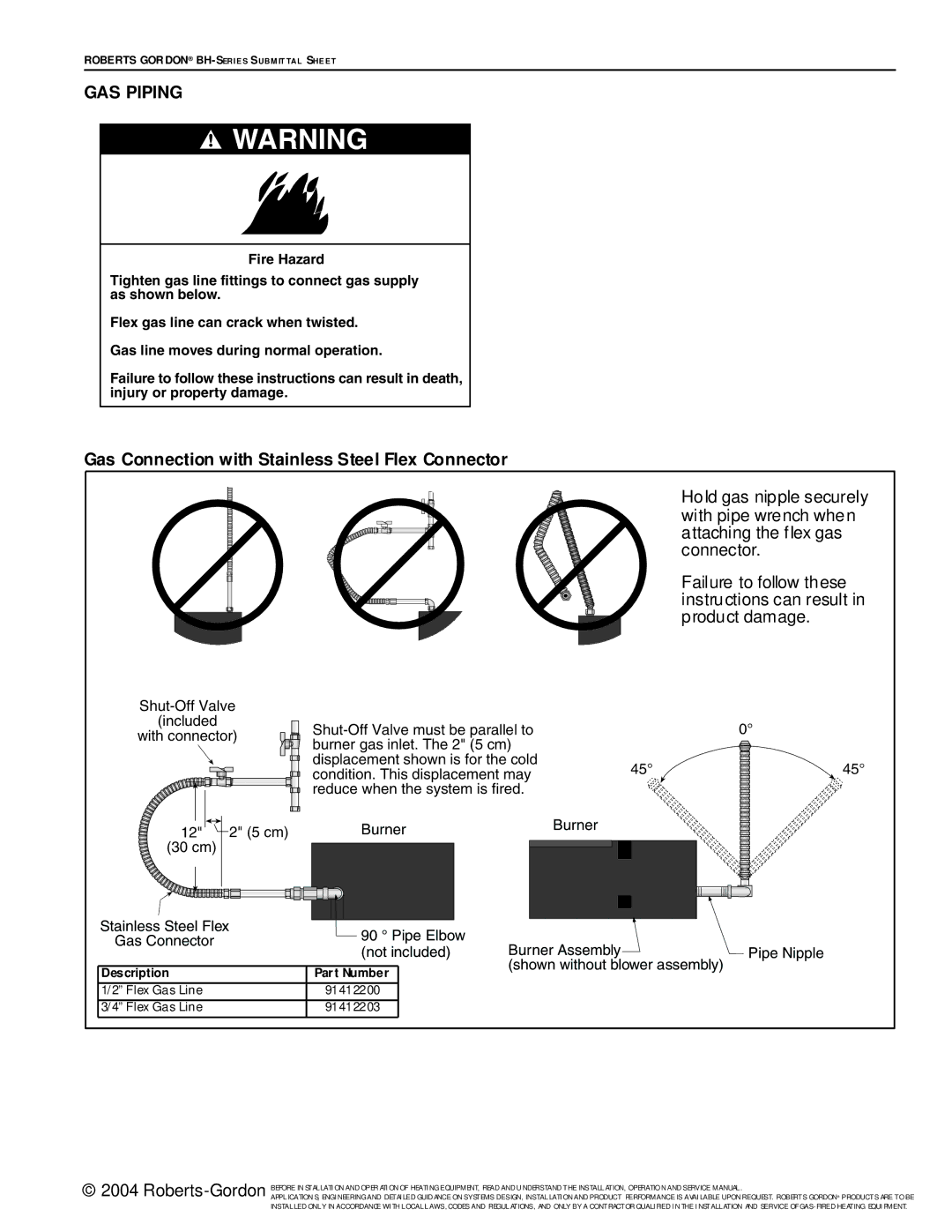 Roberts Gorden BH Series service manual GAS Piping, Gas Connection with Stainless Steel Flex Connector, Shut-Off Valve 