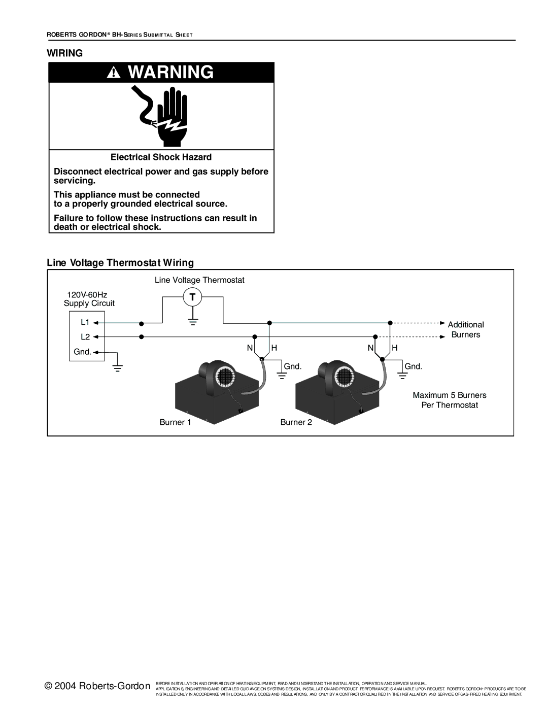 Roberts Gorden BH Series service manual Line Voltage Thermostat Wiring, Maximum 5 Burners 