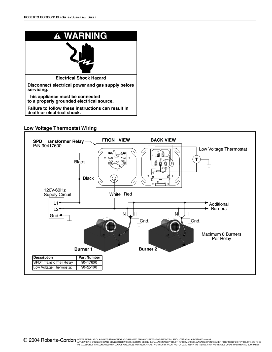 Roberts Gorden BH Series service manual Low Voltage Thermostat Wiring, Spdt Transformer Relay, Black, Burner 