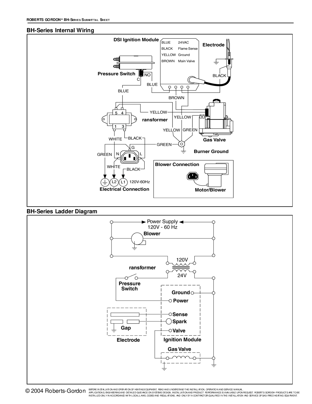 Roberts Gorden BH Series service manual BH-Series Internal Wiring, BH-Series Ladder Diagram 