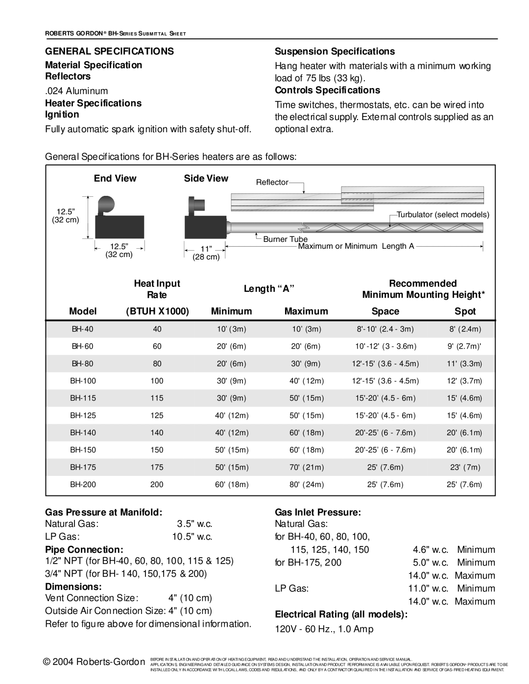 Roberts Gorden BH Series service manual General Specifications 