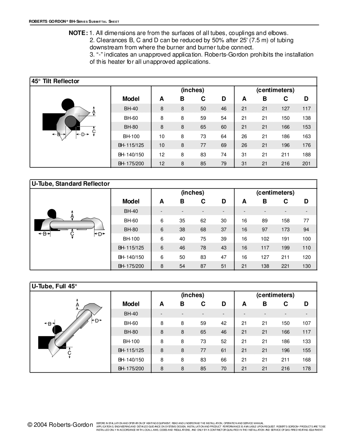 Roberts Gorden BH Series service manual Tilt Reflector Inches Centimeters, Tube, Full Inches Centimeters Model 