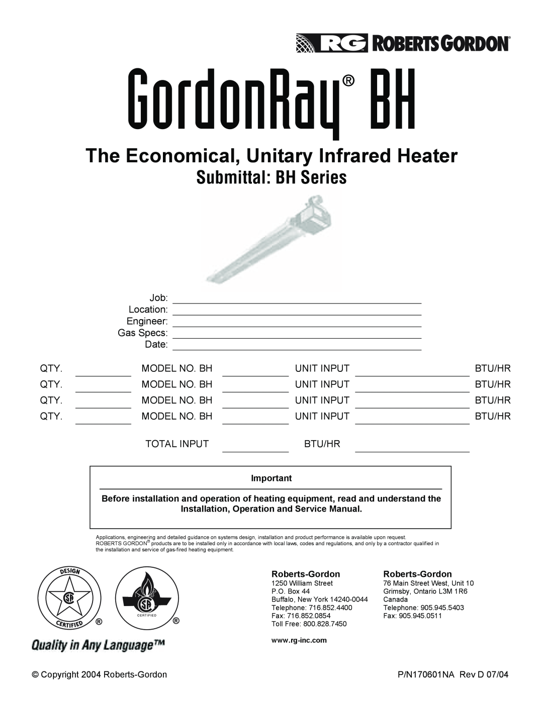 Roberts Gorden service manual GordonRay BH, The Economical, Unitary Infrared Heater, Submittal BH Series 