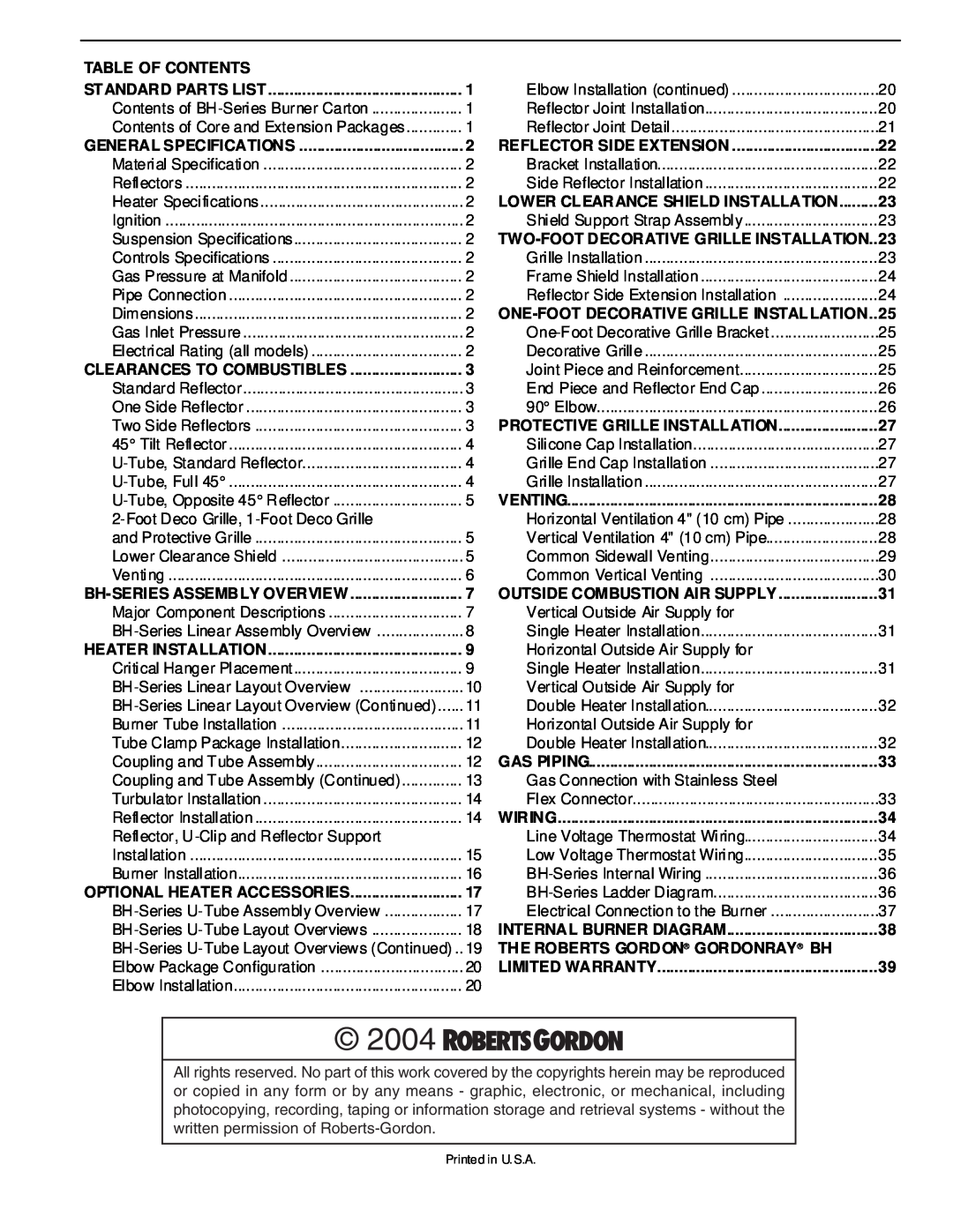 Roberts Gorden BH Series service manual 2004, Table Of Contents 