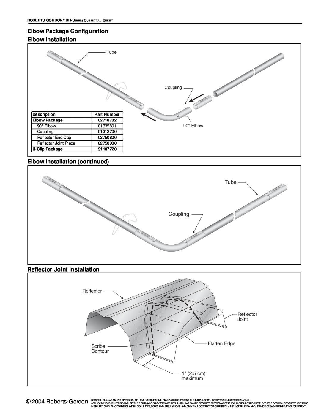Roberts Gorden BH Series service manual Description, Part Number, Elbow Package, 02718702, U-ClipPackage, 91107720 