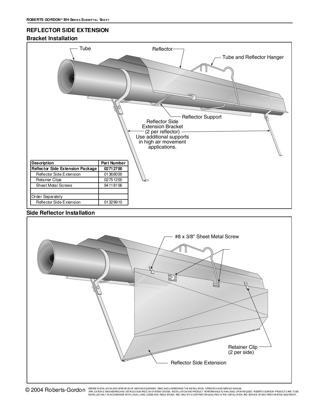 Roberts Gorden BH Series service manual Reflector Side Extension, Bracket Installation, Side Reflector Installation 