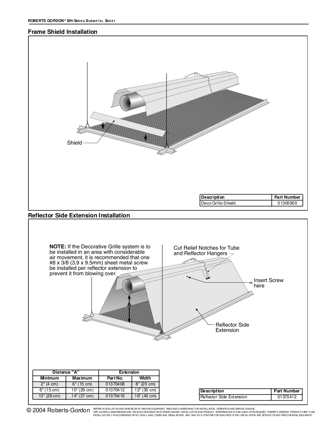 Roberts Gorden BH Series Description, Distance A, Part Number, Reflector Side Extension, 01370412, Minimum, Maximum 