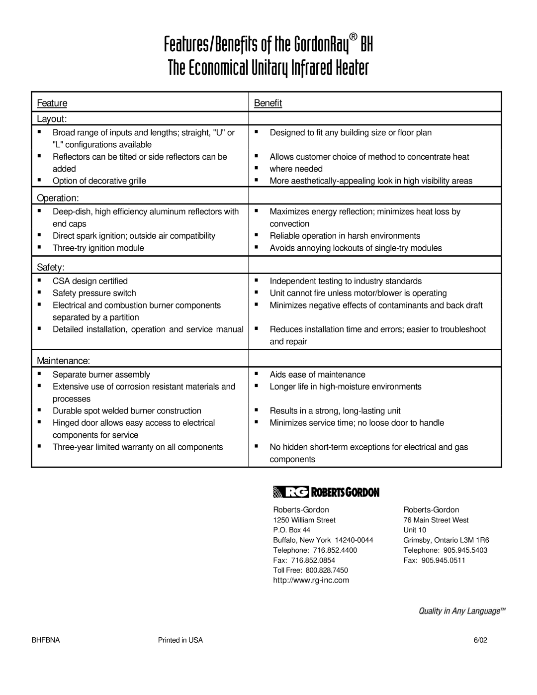 Roberts Gorden BH service manual Feature Benefit Layout, Operation, Safety, Maintenance, Roberts-Gordon 