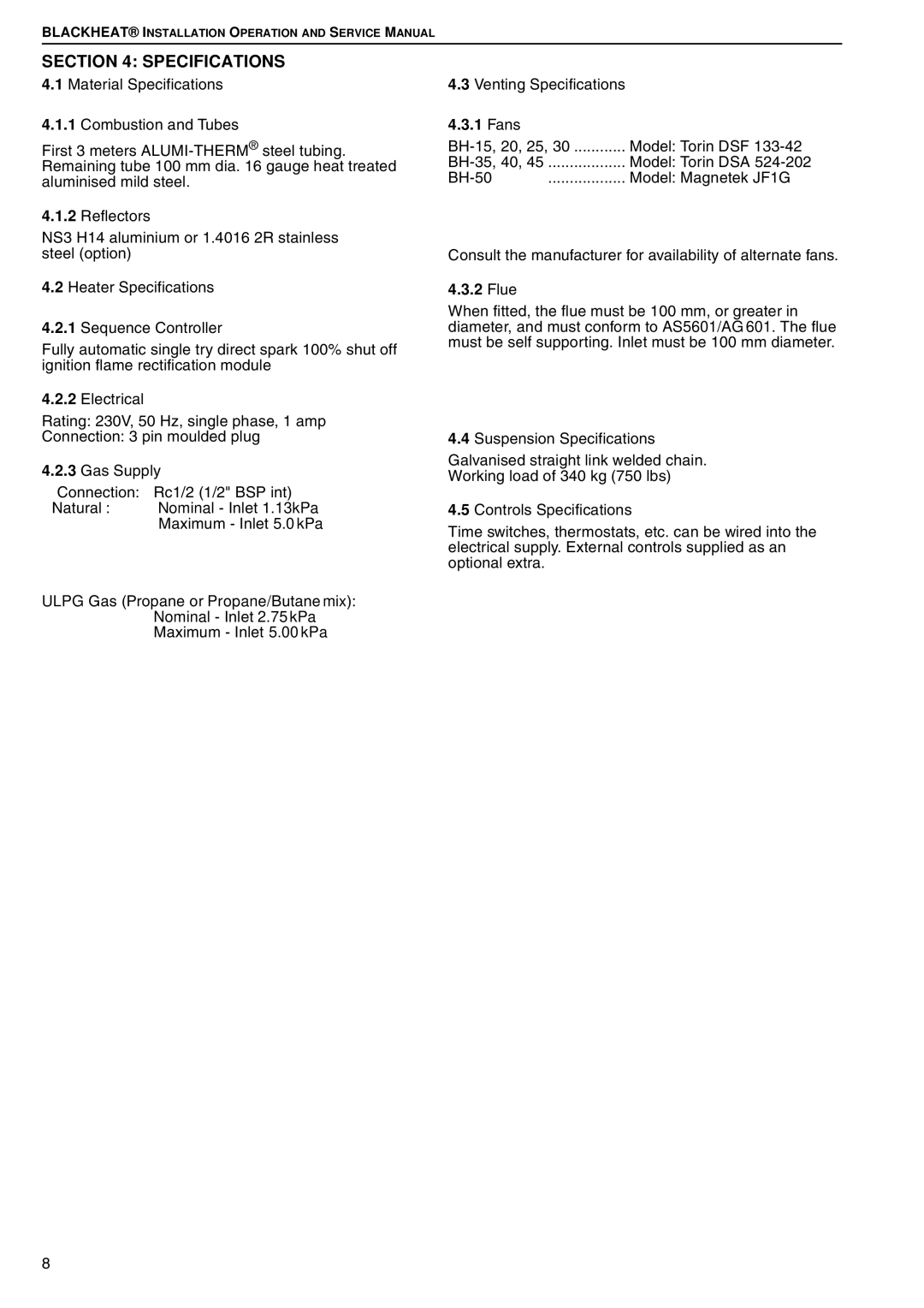 Roberts Gorden BH15 service manual Specifications, Fans 