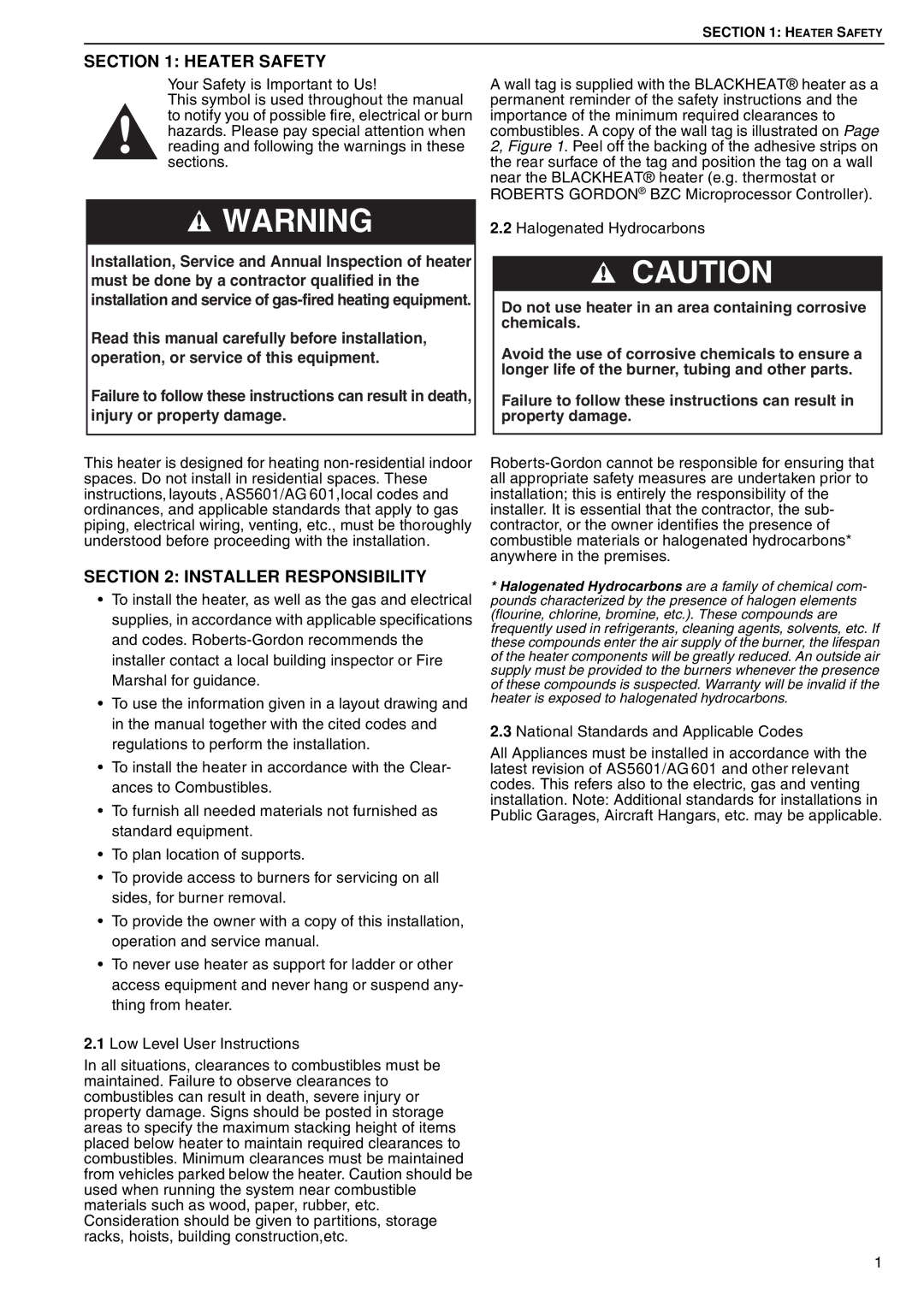 Roberts Gorden BH15 service manual Heater Safety, Installer Responsibility 