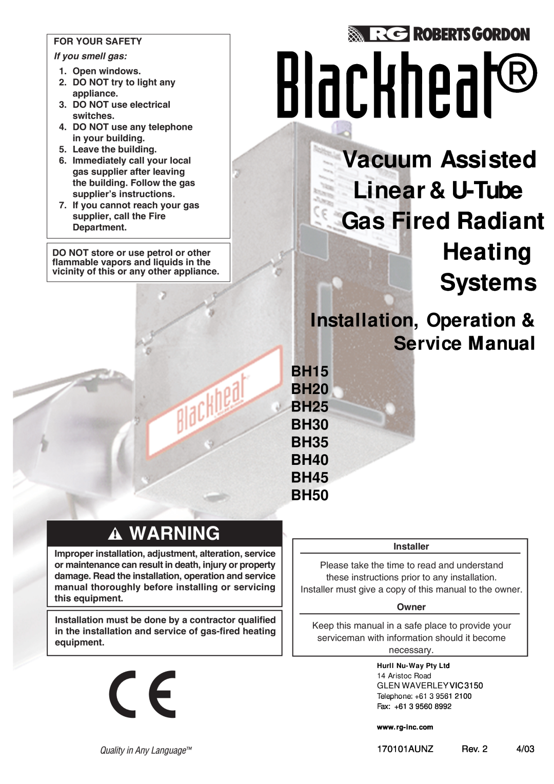 Roberts Gorden BH15 service manual Blackheat, Gas Fired Radiant Heating, Systems, Linear & U-Tube, Vacuum Assisted 