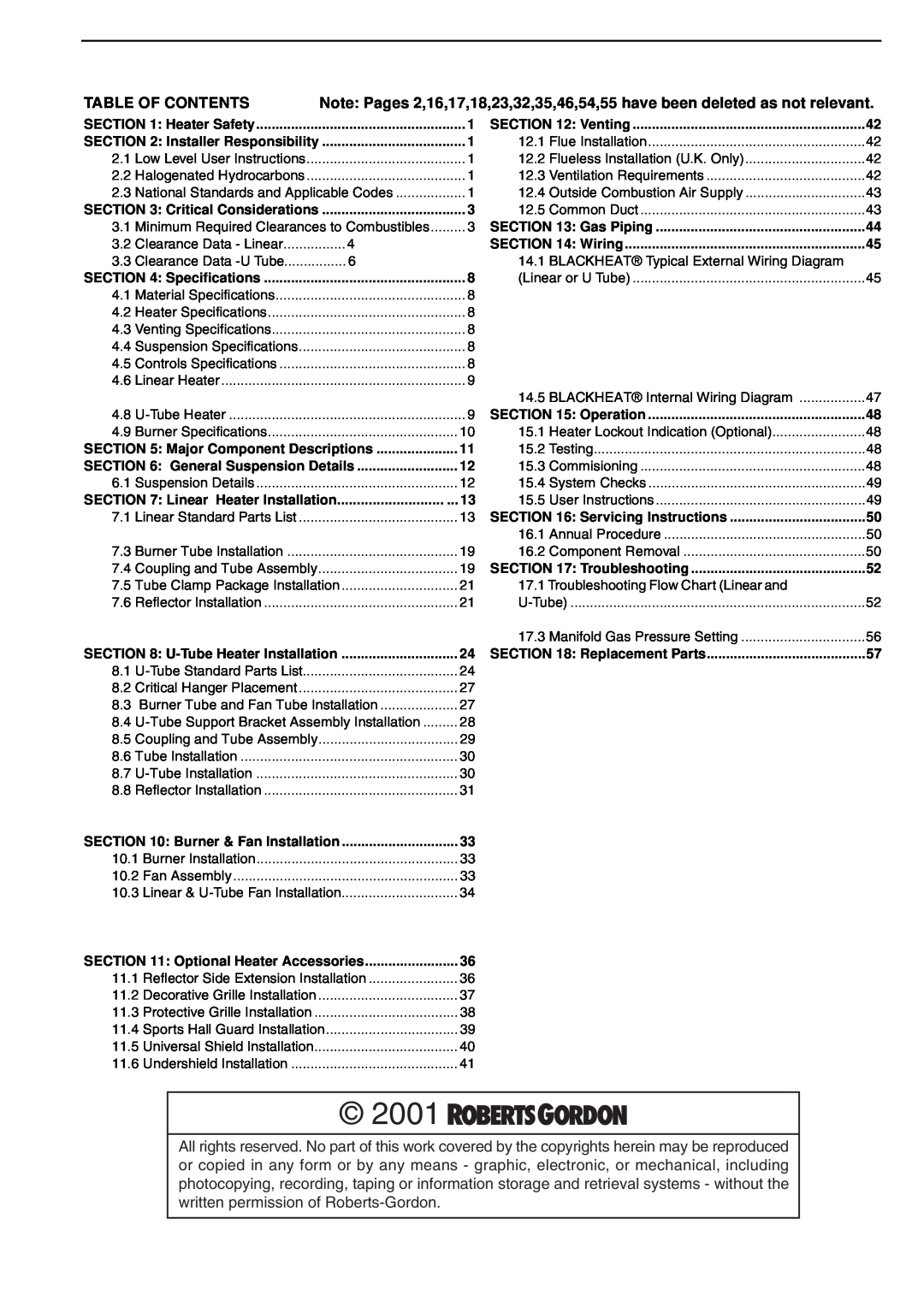Roberts Gorden BH15 service manual 2001, Table Of Contents 