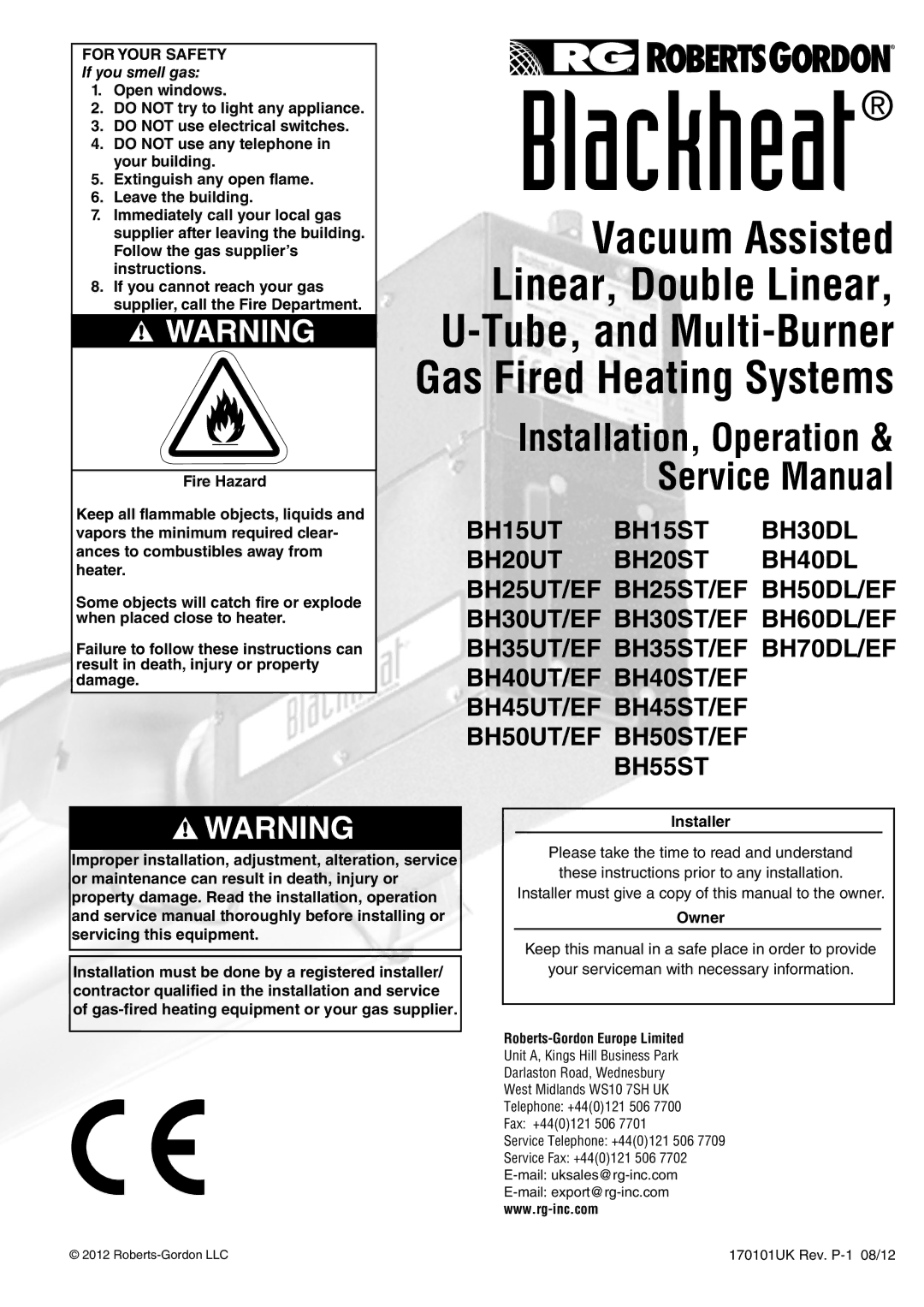 Roberts Gorden BH30UT/EF, BH35UT/EF, BH40DL, BH35ST/EF, BH60DL/EF, BH25UT/EF, BH40ST/EF service manual If you smell gas, Owner 