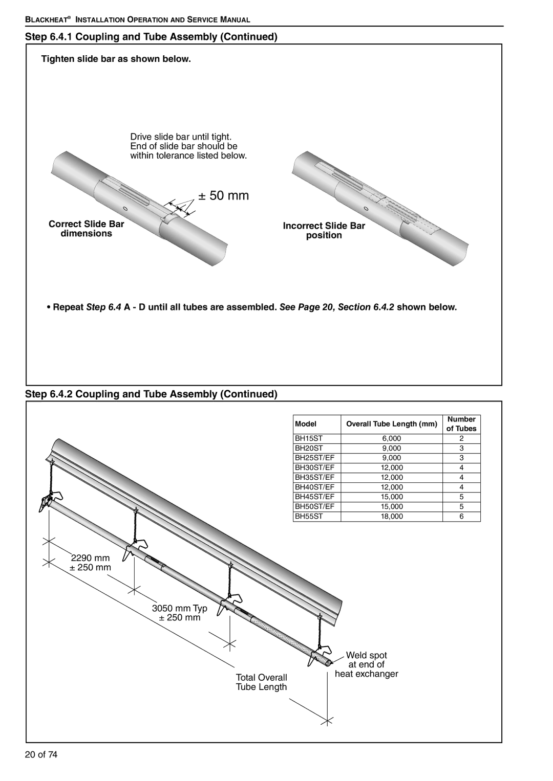 Roberts Gorden BH15ST BH20ST, BH35UT/EF, BH30UT/EF, BH40DL Coupling and Tube Assembly, Tighten slide bar as shown below 