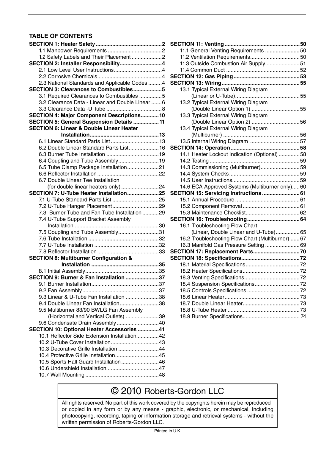 Roberts Gorden BH35ST/EF, BH35UT/EF, BH30UT/EF, BH40DL, BH60DL/EF, BH25UT/EF, BH40ST/EF Roberts-Gordon LLC, Table of Contents 