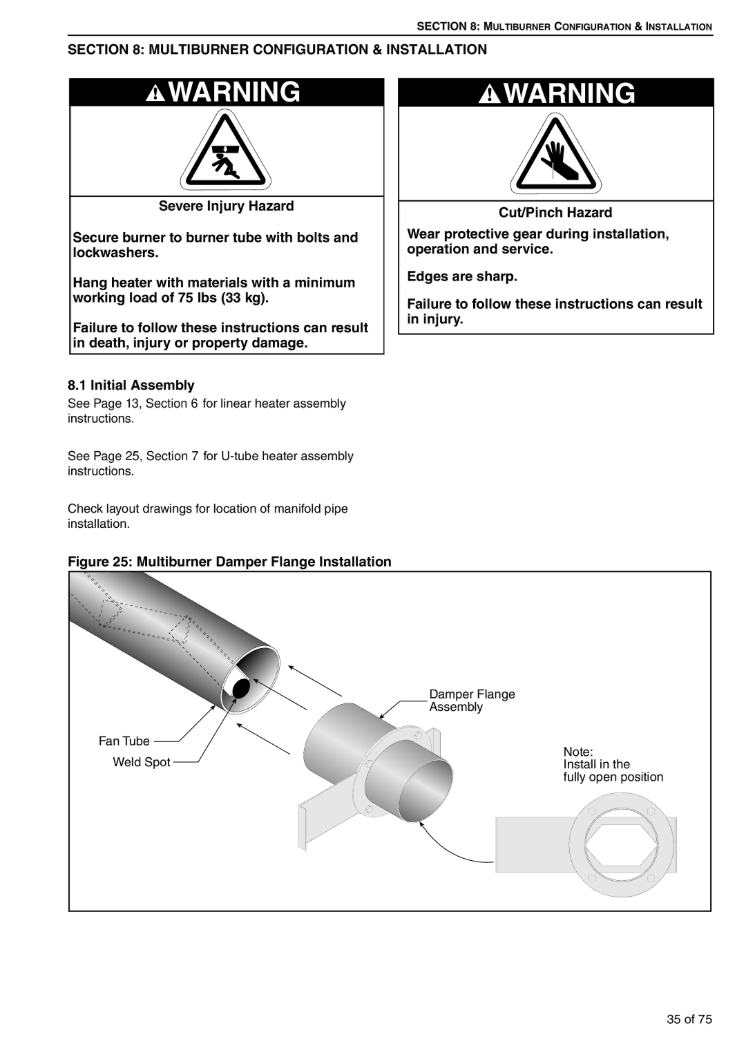 Roberts Gorden BH30UT/EF, BH35UT/EF, BH40DL, BH35ST/EF, BH60DL/EF Multiburner Configuration & Installation, Damper Flange 