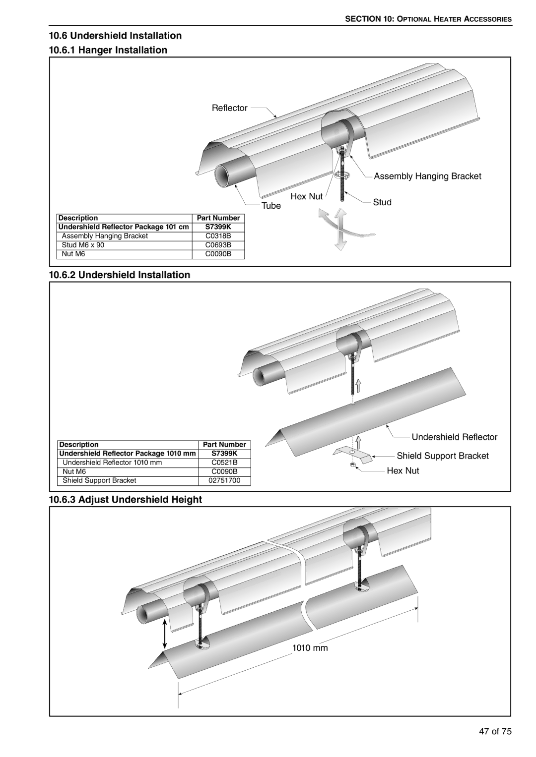 Roberts Gorden BH40UT/EF, BH35UT/EF, BH40DL Undershield Installation 10.6.1 Hanger Installation, Adjust Undershield Height 