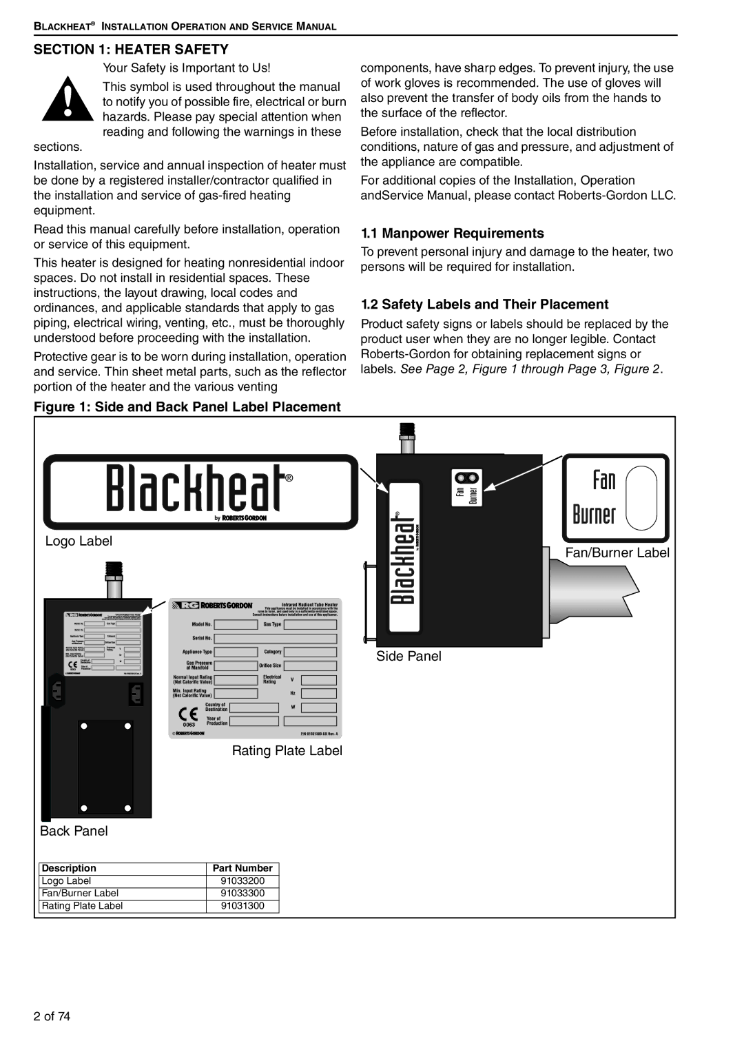 Roberts Gorden BH50DL/EF, BH35UT/EF, BH30UT/EF Heater Safety, Manpower Requirements, Safety Labels and Their Placement 