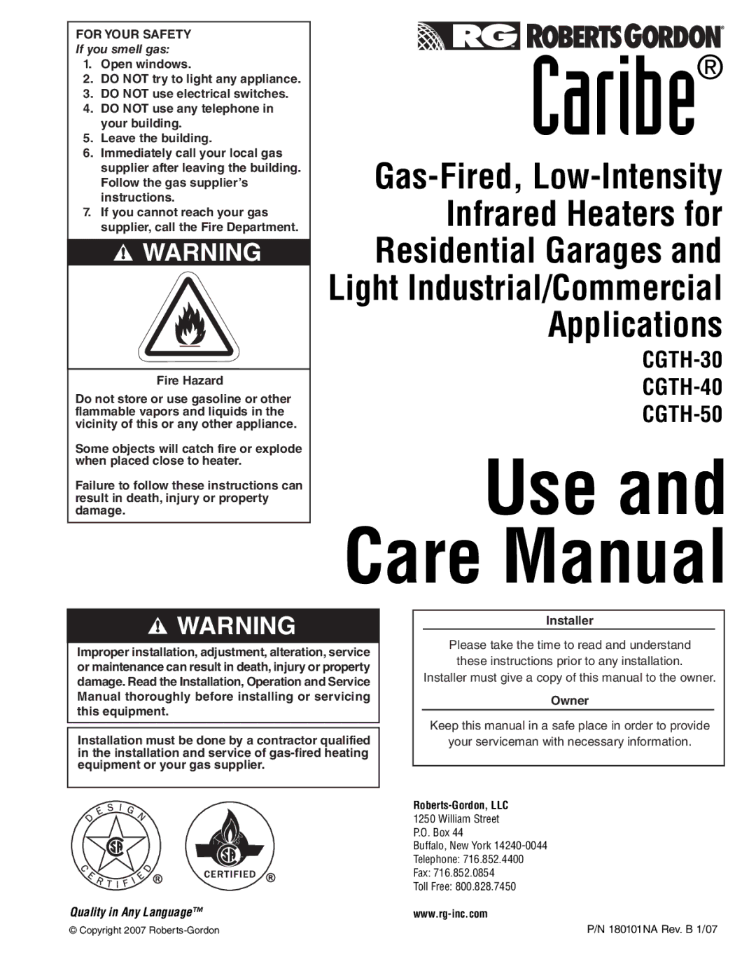 Roberts Gorden CGTH-50, CGTH-30, CGTH-40 service manual Caribe 