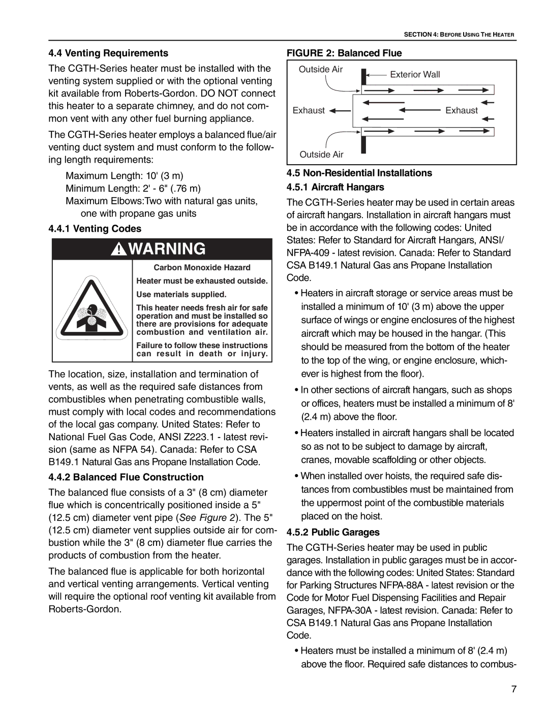 Roberts Gorden CGTH-50, CGTH-30, CGTH-40 Venting Requirements, Venting Codes, Balanced Flue Construction, Public Garages 