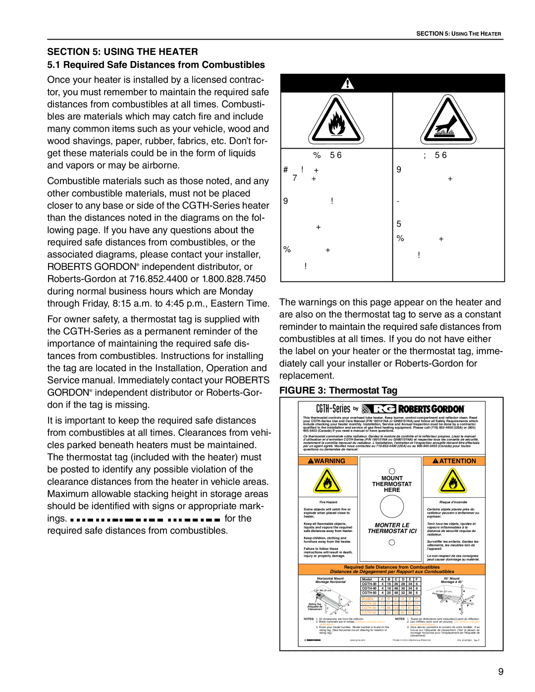 Roberts Gorden CGTH-30, CGTH-50, CGTH-40 service manual Using the Heater, Required Safe Distances from Combustibles 